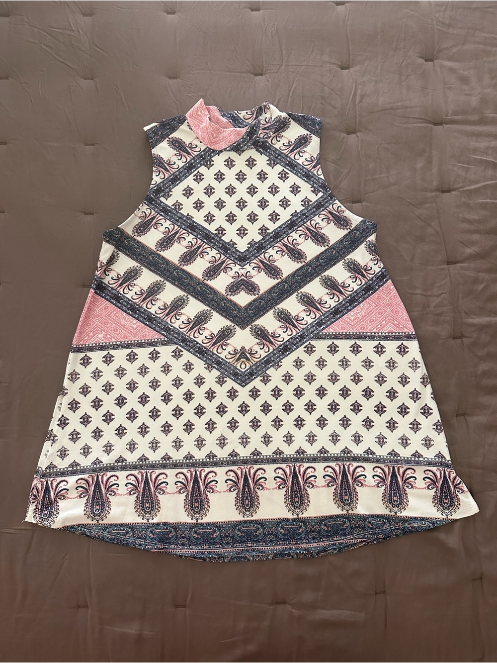 Pink Rose Pink, Navy & Cream Sleeveless Printed Tunic